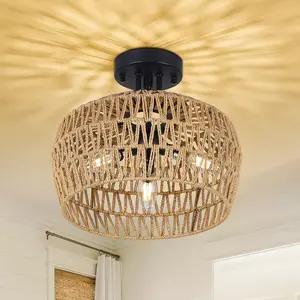 YYDS Semi Flush Mount Ceiling Light, Rattan Light Fixture Ceiling Mount with Handmade Wicker Lampshade, 3-Lights Boho Chandelier, Woven Close to Ceiling Light for Bedroom Hallway Living Room Kitchen