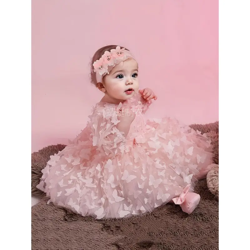 Baby Girls' 2-Piece Princess Dress Set - Long Sleeve Polyester Floral Dress, Mesh Tutu, Matching Headband, Butterfly Print Accents