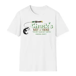 Chuck's Bait & Tackle T-Shirt, Vintage Fishing Rod and Bass Graphic Tee, Classic Cotton Fishing Shirt for Men Women, Funny Wabasha County Bait Shop Streetwear, Retro Outdoor Fishing Print Top, Unique Gift for Fishing Enthusiasts and Dad Joke Lovers