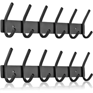 2 Pack Black Coat Rack Wall Mount, Entryway Coat Hanger Wall Mounted with 6 Double Dual Hooks for Purse Jacket Hat