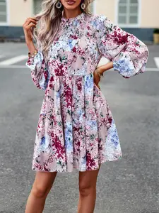Women's Boho Floral Printed Ruffle Hem Shirred Smock Dress, Bohemian Boho Bishop Sleeve Long Sleeve Frill Trim Keyhole Neckline Short Dress for Fall, Ladies Clothes for Daily Wear