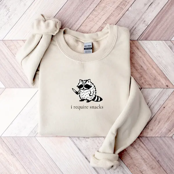 I Require Snacks Raccoon Tee Funny Sweatshirt, Goblincore Animal Lover Gift, Cozy Snack Gremlin Sweatshirt