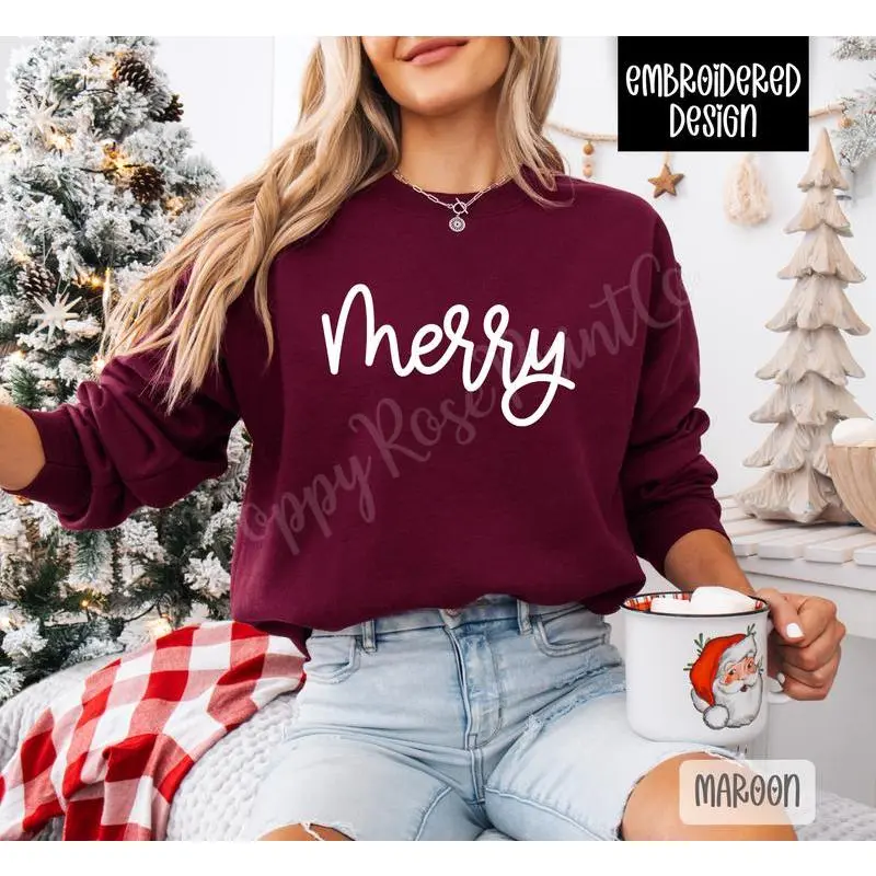 MerryEmbroideredChristmasSweatshirt,HolidayCrewneckSweatshirt,XmasSweater MerryEmbroideredChristmasSweatshirt,HolidayCrewneckSweatshirt,XmasSweater