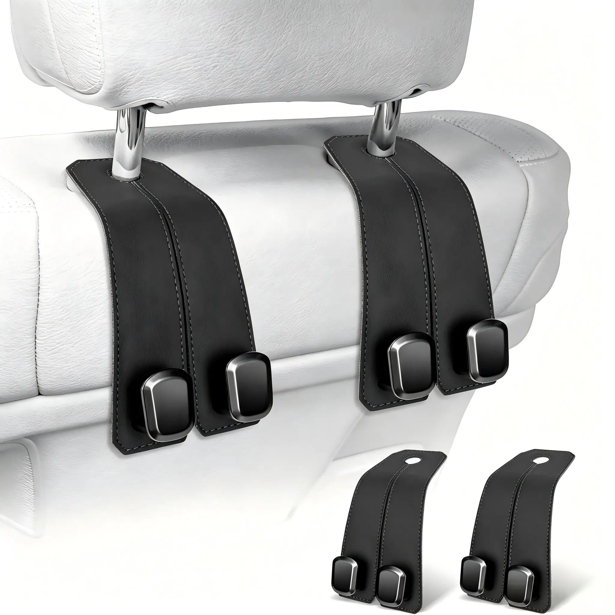 2Pcs Luxurious Leather 100% Metal Car Headrest Hooks, Multifunctional Cars Accessories Hanger & Holder for Seat Back, Bag, Purse (Black)