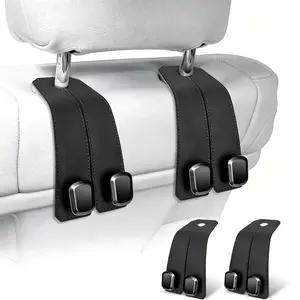 Car Hooks for Headrest, 2Pcs Seat Back Storage Hook Luxurious Leather 100% Metal Multifunctional Car Hanger & Holder for Heatrest, Seat, Bag, Purse (Black)