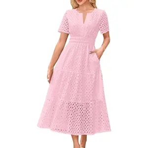 Women’s Summer Dresses 2025 – Short-Sleeve Eyelet Boho Maxi Dresses, Dressy Casual Style with Pockets