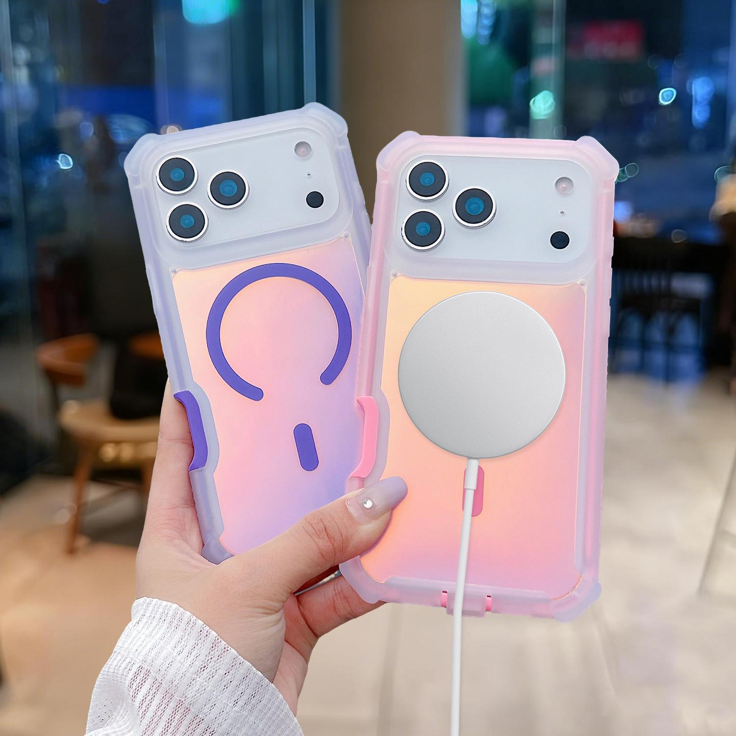 For iPhone 17 Pro Max Case/17 Air/17 Pro/17 16 15 14 13 , Iridescent Back, Magnetic Support for MagSafe Shockproof Cover, Crystal and Corner High-Duty Protection for Girls Women