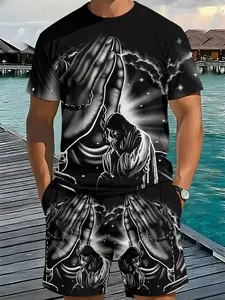 Black and white prayer art style men's 3D digital printed two-piece set, 2Pcs, trendy and fashionable set, trendy retro casual two-piece set, vacation style trendy outfit, breathable sports and leisure style, a perfect holiday gift for men
