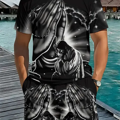Black and white prayer art style men's 3D digital printed two-piece set, 2Pcs, trendy and fashionable set, trendy retro casual two-piece set, vacation style trendy outfit, breathable sports and leisure style, a perfect holiday gift for men, Vintage