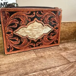 Tooled Leather and Hide Small Wallet with Intricate Floral Design and Zipper Closure