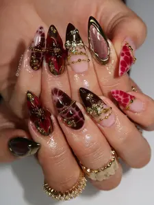 Bowtie NailBox | Gothic Ruby Gold Cross Deep Red Floral Chrome Mix, Blood Marble Texture, Gold Chains | Long Stiletto Handmade Reusable Luxury Press On Nails | 2026 Trend Glossy Finish