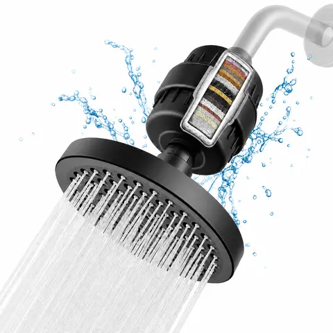 Polished Chrome 15-Stage Filtered High-Flow Bathroom Shower System - 6" Round Adjustable Plastic Head, Rotate & Flip, Chlorine/Heavy Metal Reduction, Powerful High-Pressure Pressure Showerhead, Water Filter Showerheads & Handheld Showers