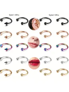 10pcs Set 16g Stainless Steel Septum Rings, Assorted Colors, Body Piercing Nose Nostril Rings, Nose Hoop, Lip Labret Cartilage Jewelry