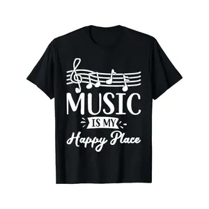 Music is My Happy Place Graphic T-Shirt - Black with White Musical Notes & Treble Clef Design, Loose Fit Casual Tee for Musicians, Artists, Singers - Machine Washable Gift for Music Lovers