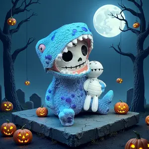 1pc Dinosaur Skeleton Statue, Halloween Skeleton Festival Decoration, 3, 8 Inches, Artwork Handmade Exquisite Appearance, Halloween Decoration, Home Decoration, Dinosaur Skeleton Statue Holding Doll, Tabletop Decoration, Bedroom Decoration,