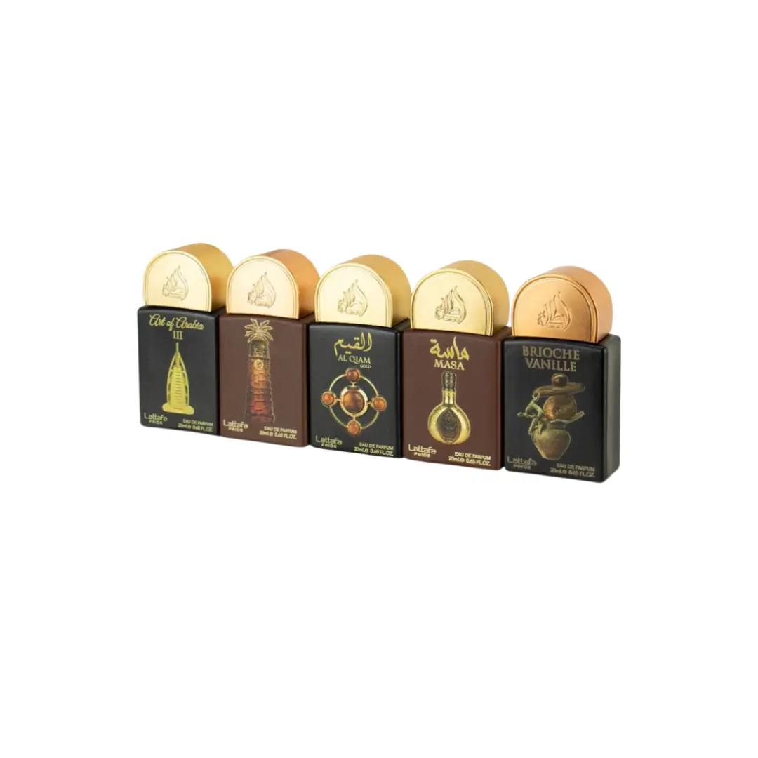 Lattafa Set Pride 0.67 Oz EDP: Art Of Arabia III + Ajwaa + Al Qiam Gold + Masa + Brioche Vanille Unisex