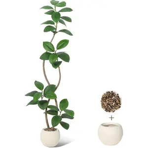 【Christmas Gift】6FT Artificial Plant Rubber Tree with Off White Sphere Resin Planter & Stone Faux Fiddle Leaf Fig Tree Indoor Artificial Tree Tall Plant Fake Tree Tropical Large Floor Tree Real Touch for Home Decor Flowers Decorative