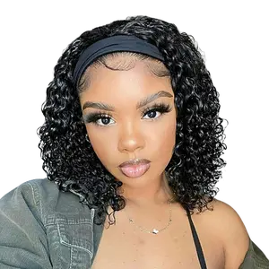 Bling Hair kinky Curly Headband Wig Human Hair 12inch None Lace Front Wigs Brazilian Virgin Hair Machine Made Wigs Glueless Deep Curly Wave Headband Half Wigs for Black Women Human Hair Natural Color
