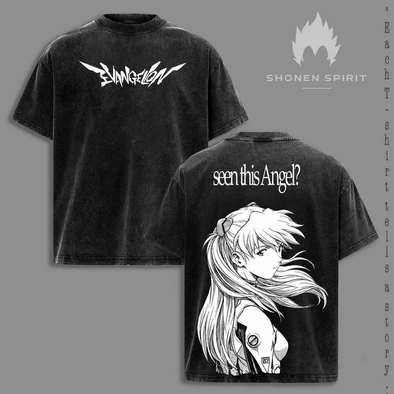 Asuka Langley Evangelion Vintage Washed T-Shirt, Seen This Angel Graphic Tee, Neon Genesis Eva Anime Shirt, Black Oversize Streetwear Tee, Psychological Mecha Aesthetic Design