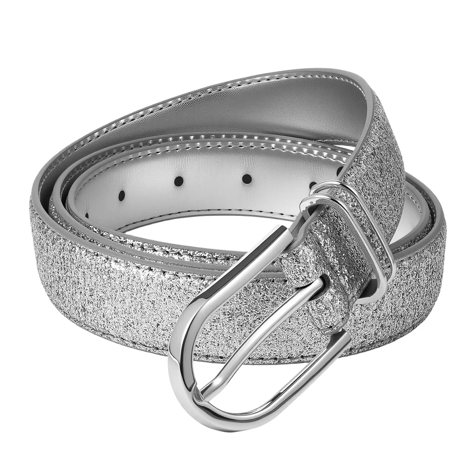 OIDEA Glitter Sequin Slim Belt for Women, Silver Tone D-Ring Pin Buckle Skinny Waist Belt for Party Dress, Evening & Daily Wear