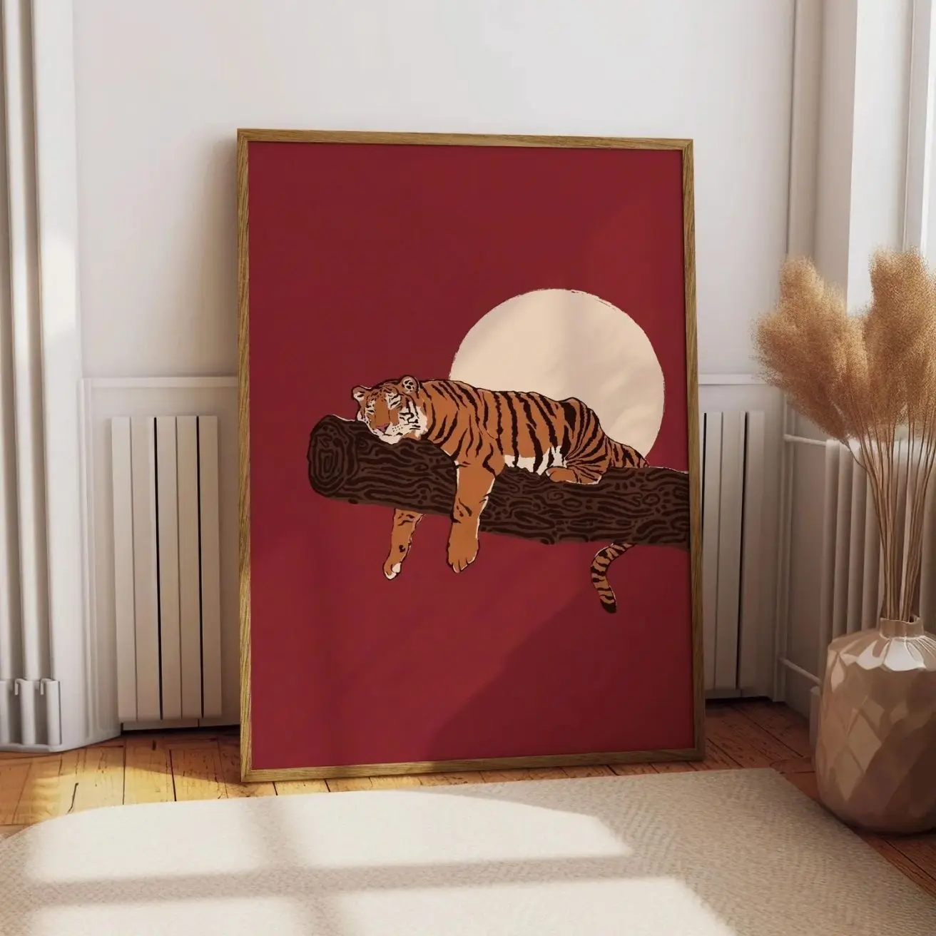 Sleeping Tiger Wall Art, Retro Moon Wildlife Poster, Red Amber Big Cat Print, Eclectic Maximalist Jungle Decor Wall Decor - Frameless Poster, Canvas 9