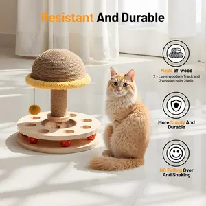Mushroom Cat Scratching Post with Sisal, 2-Level Wooden Track & Interactive Toys, Solid Wood Base for Indoor Cats Kittens