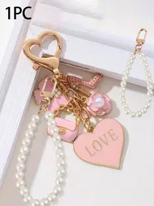 Mini Bag Charm Keychain with Faux Pearl Pendant, Cute Round Metal Heart Theme, Floral and Bow Design, Perfect Nurse Gift, Trendy Cute Keychain