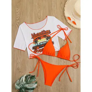 Women's Fashion Sexy Separated Swimsuit Beach Tie Bikini Three-piece Swimming Suit