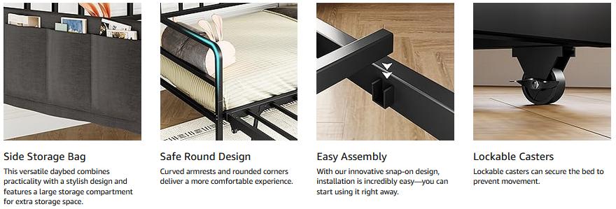 LIKIMIO Twin Daybed with Trundle, Charging Station & LED Lights, Metal Sofa Bed Frame with Side Storage, Noise-Free, No Box Spring Needed for Small Space, Guest Room, Living Room