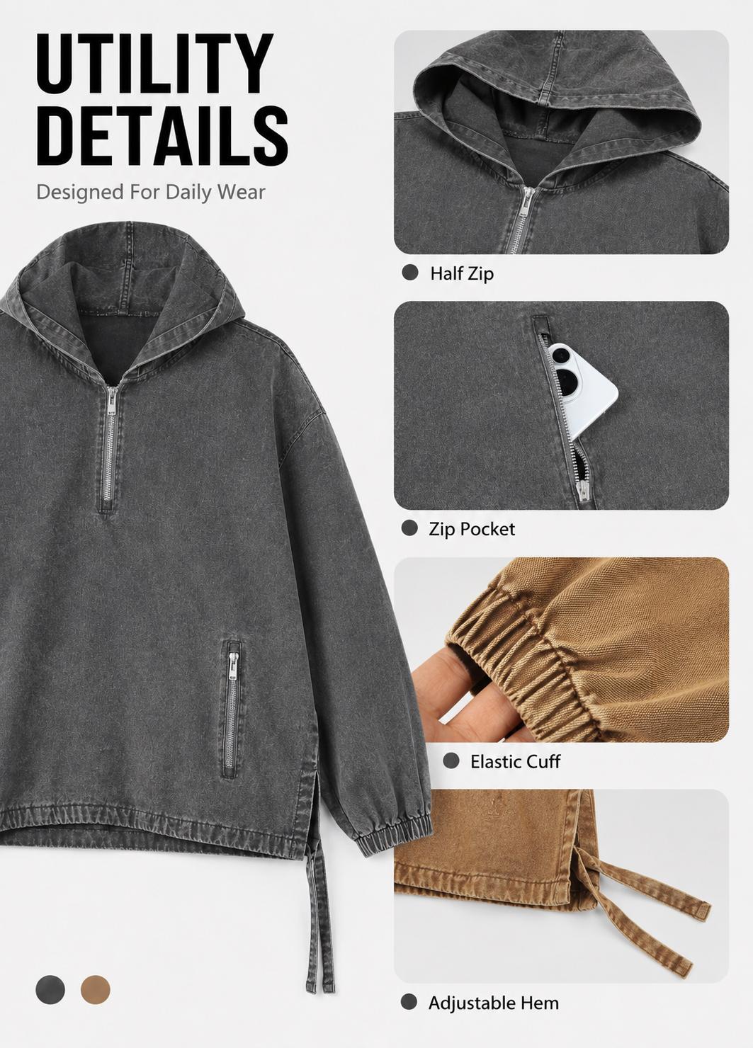 Gihuo Unisex Cotton Washed Denim Hoodie Vintage Oversized Half Zip Pullover Sweatshirt with Zip Pockets, Long Sleeve Casual Hooded Sweatshirt for Baggy Cargo Gihuo Unisex Cotton Washed Denim Hoodie Vintage Oversized Half Zip Pullover Sweatshirt with Zip Pockets, Long Sleeve Casual Hooded Sweatshirt for Baggy Cargo