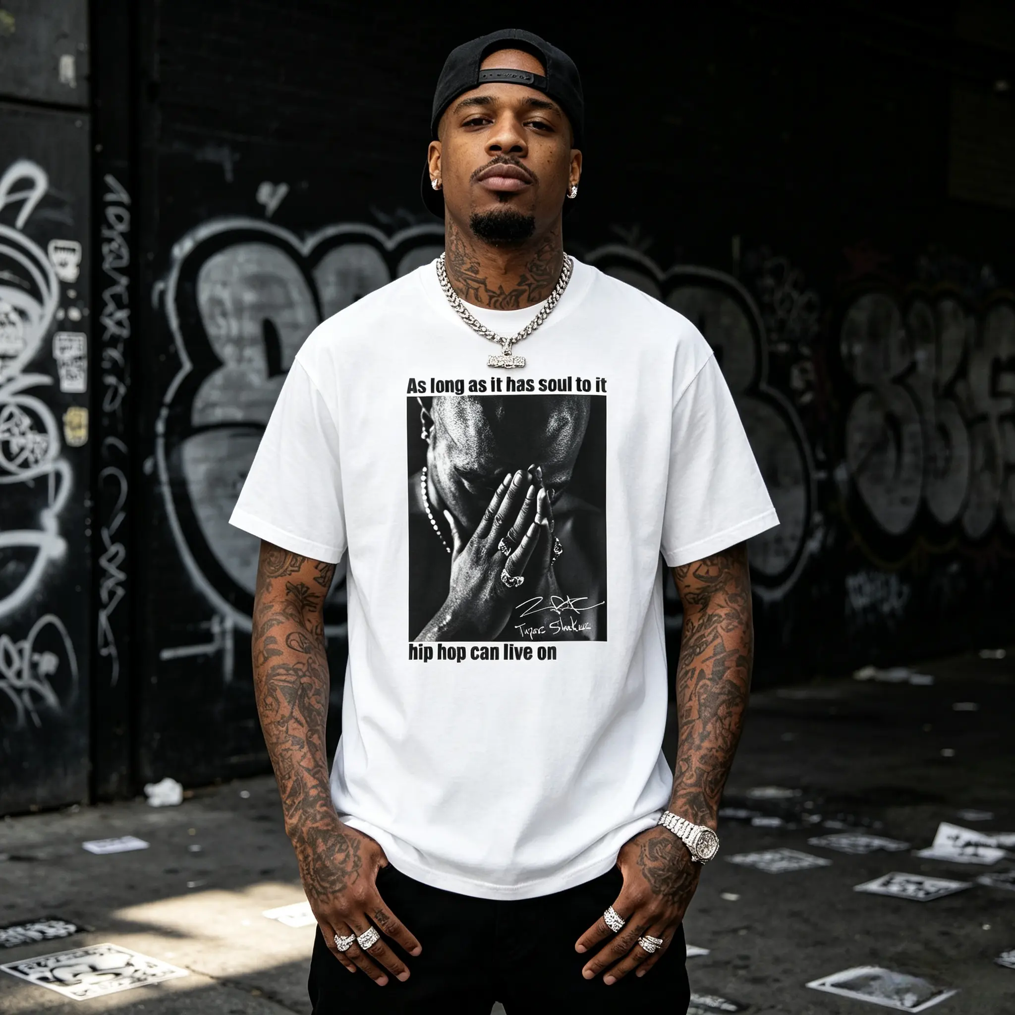 2Pac Tupac Shakur Praying Graphic T-Shirt As Long As It Has Soul To It hip hop can live on Hip Hop Quote Vintage Rap Tee West Coast Streetwear Men Casual Short Sleeve ShirtHip Hop T-Shirt for Men sohochic