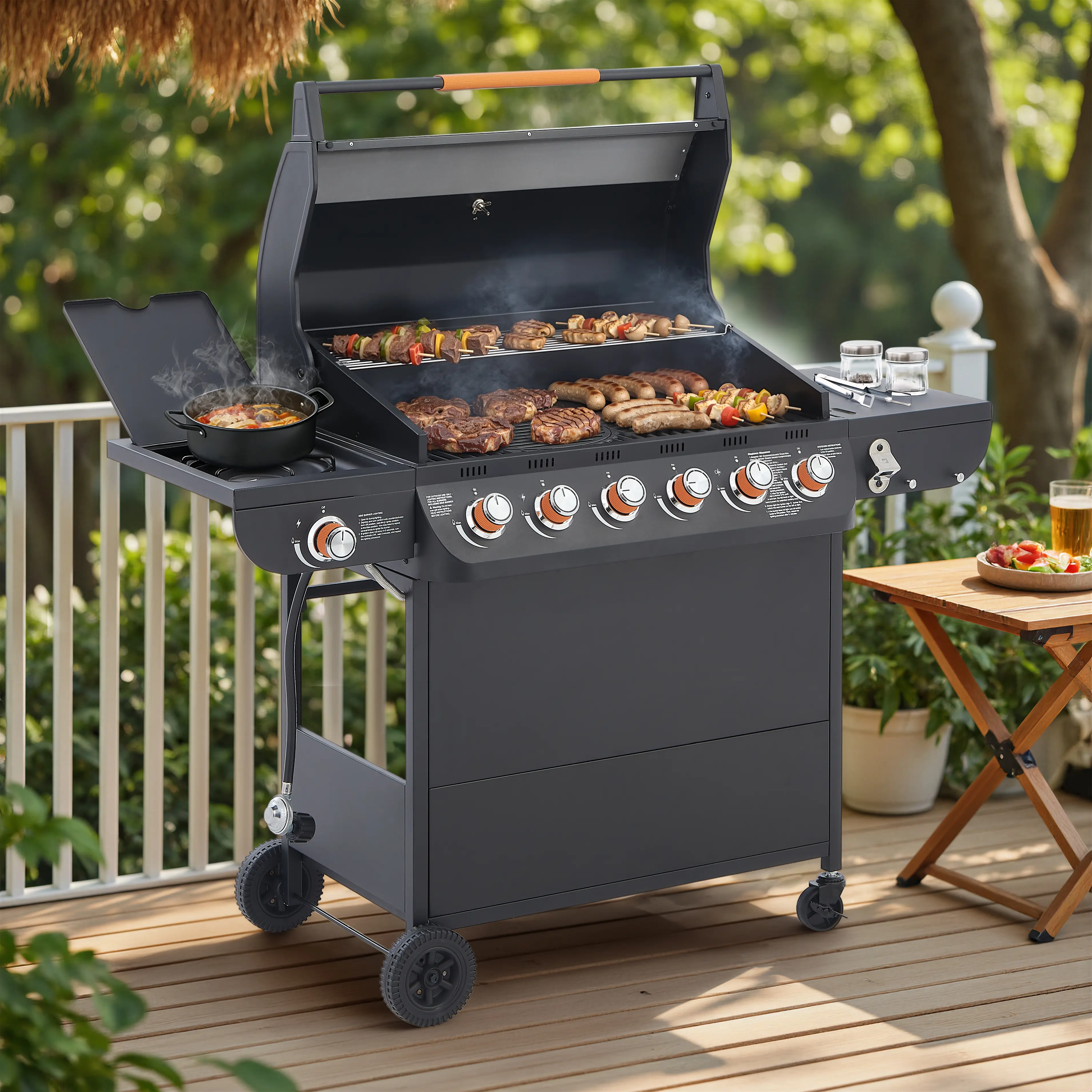 6 Burner Stainless Steel Propane Gas Grill with Side Burner & 72000 BTU | Outdoor BBQ Grill with Cast Iron Cooking Grates, Foldable Side Tables | Heavy Duty Patio Backyard Grill, Large Capacity, Rustproof