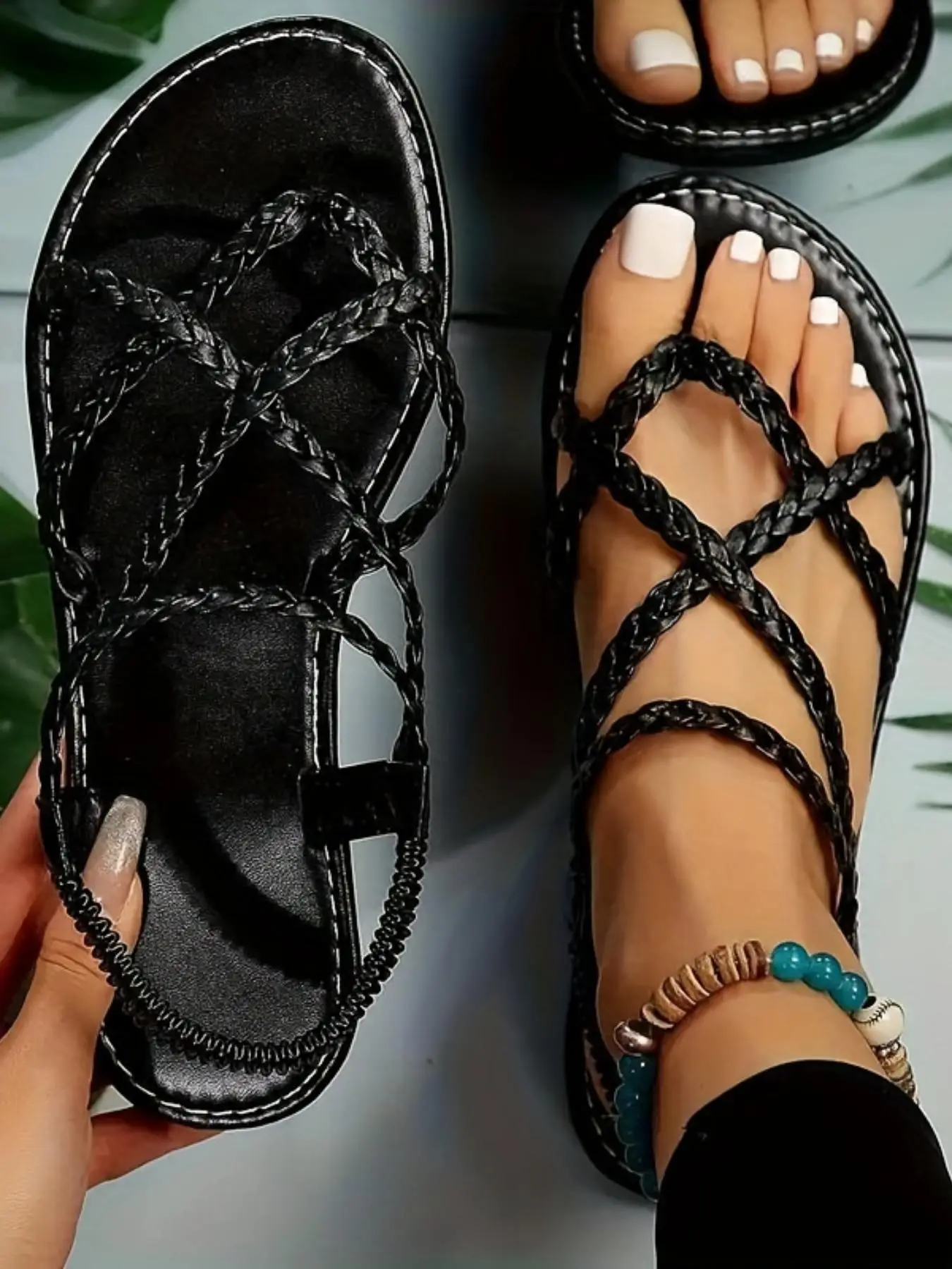 Women's 2024 Summer Fashionable Criss Cross Braid Design Slip on Sandals, Casual Summer Beach Sandals, Non-slip PU Leather Flat Sandals