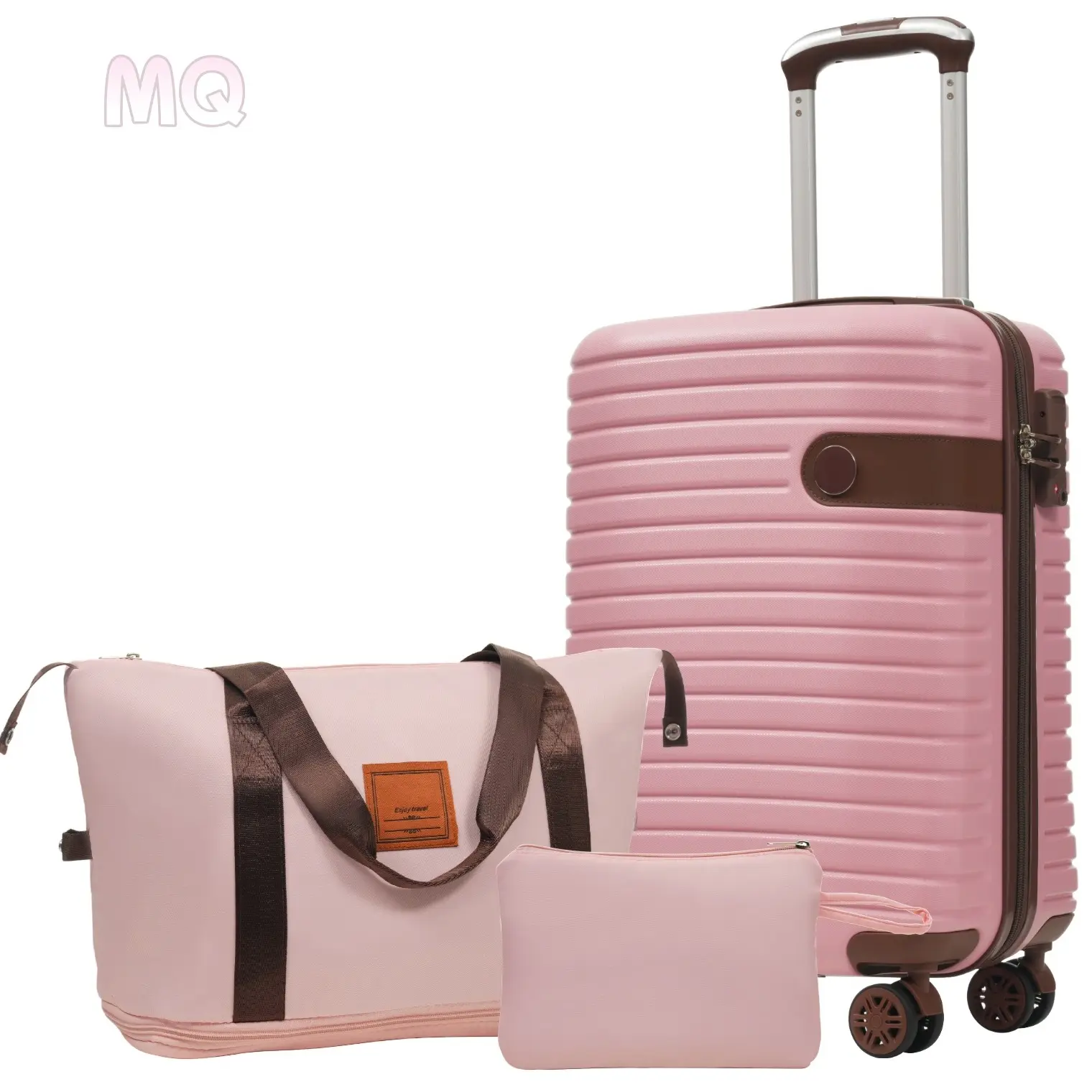 20 inch 3-piece luggage set - hard shell anti-collision carry on luggage, portable lightweight luggage bag and wash bag travel set pink