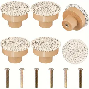 1pc Bohemian Rattan Dresser Knobs, Round Wooden Drawer Knobs with Handmade Wicker Weave and Screws for Furniture, Cabinets, Dresser Knobs, Hardware Pulls Cabinet Knobs