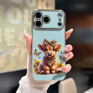 Soft TPU Phone Case for iPhone 17 15 Pro Max 16 14 Plus 13 12 11 Cute Highland Cow with Sunflowers Electroplating TPU Anti-Slip Bumper Shockproof Cover Gift