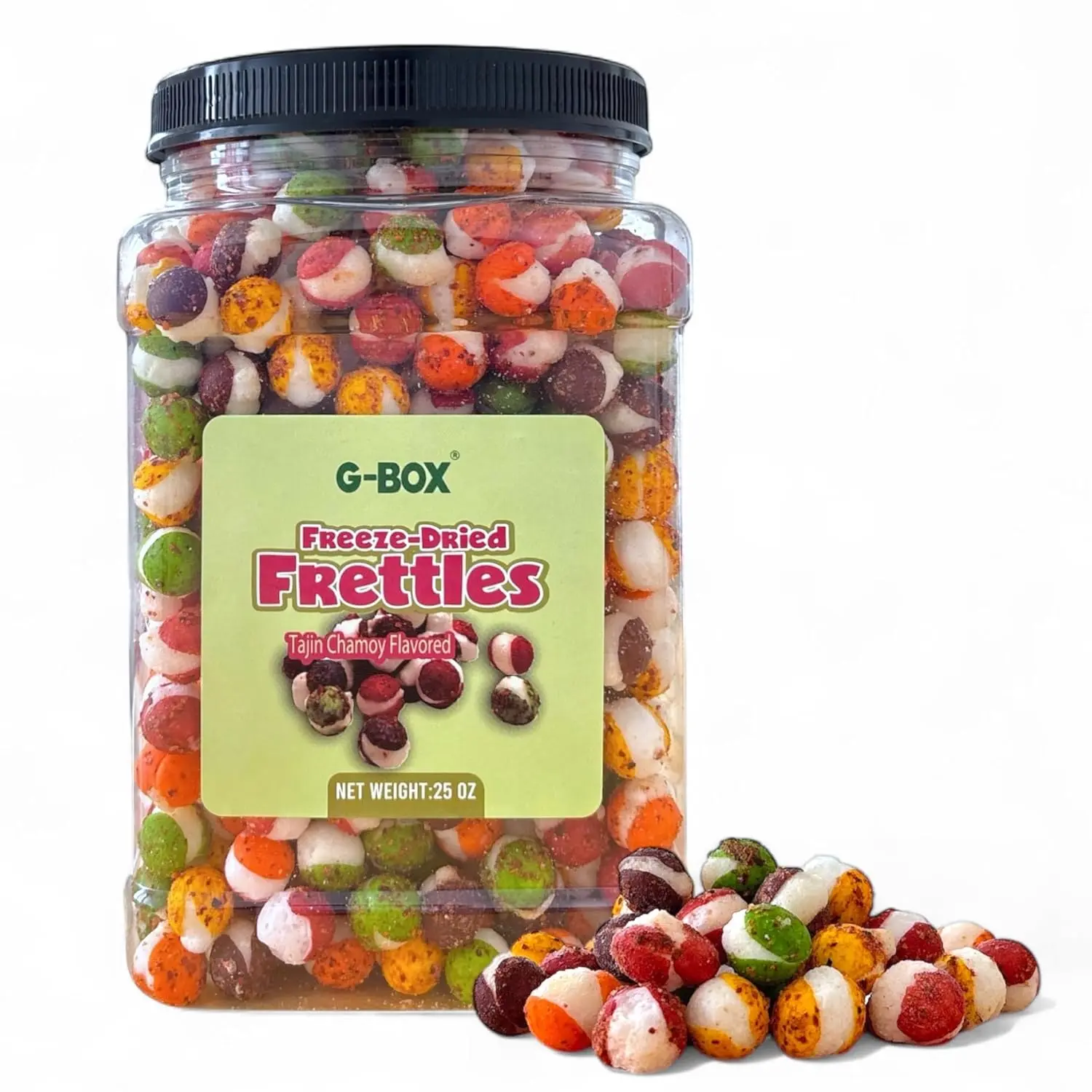 G-BOX Freeze Dried Frettles Candy, Sweet Rainbow Snack with Juicy Lemon & Fruity Crunch Burst, TikTok Trend Item, Air-Tight Sealed Grip Jar (25 oz Tajin Chamoy), Snack Ideas, Late Night Snack