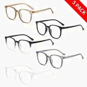 Paleshy 5 Pack Unisex Trendy PC Frame Vintage Plain Non-Prescription Glasses for Daily Wear Computer Reading Gaming TV Phone Use Clear Lens School Accessories for Women & Men