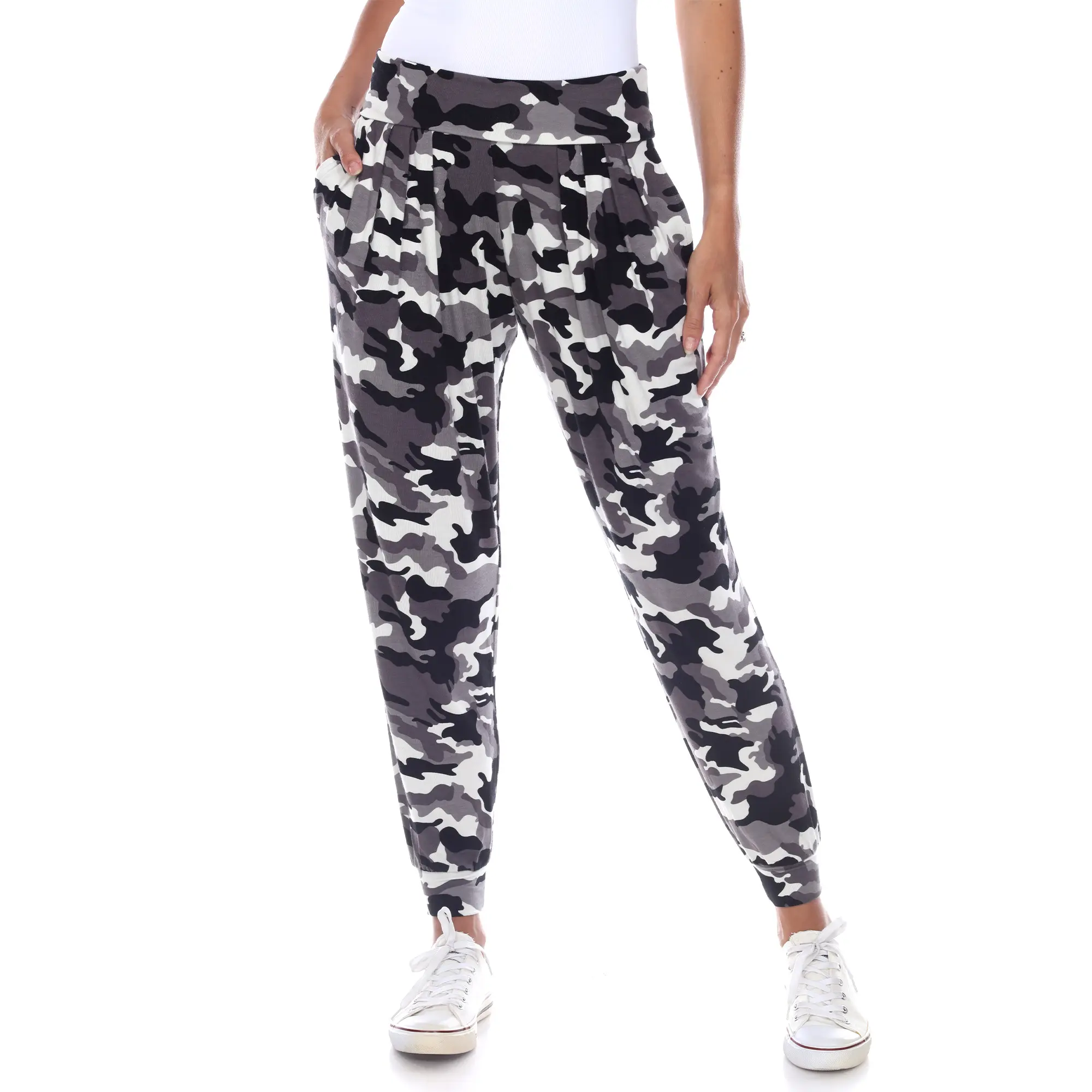 White Mark Women's Camo Jogger Pants with Fold-Over Waist and Banded Leg, Relaxed Fit and 2 Side Pockets Extended Sizes