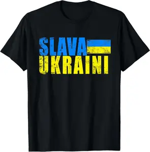 100%cotton SLAVA UKRAINI Ukraine Flag Colors Distressed Retro T-Shirt