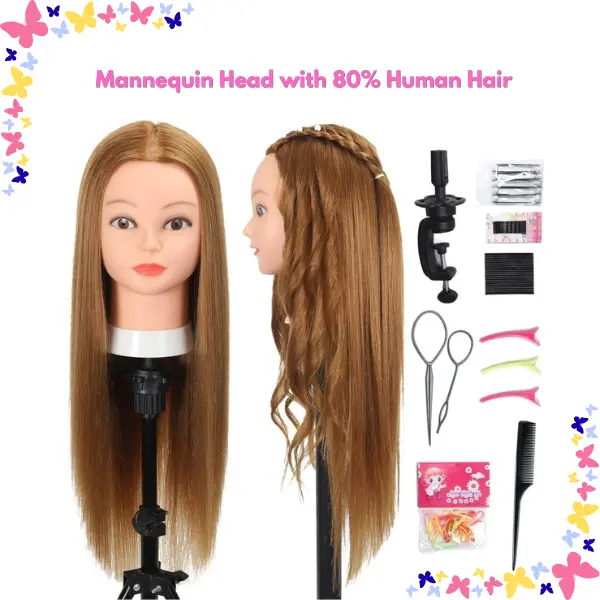 26-28 Inch Mannequin Head with 80% Human Hair | Cosmetology Training Head for Hair Styling, Braiding & Cutting | Hairdresser Practice Doll Head #27 Light Brown