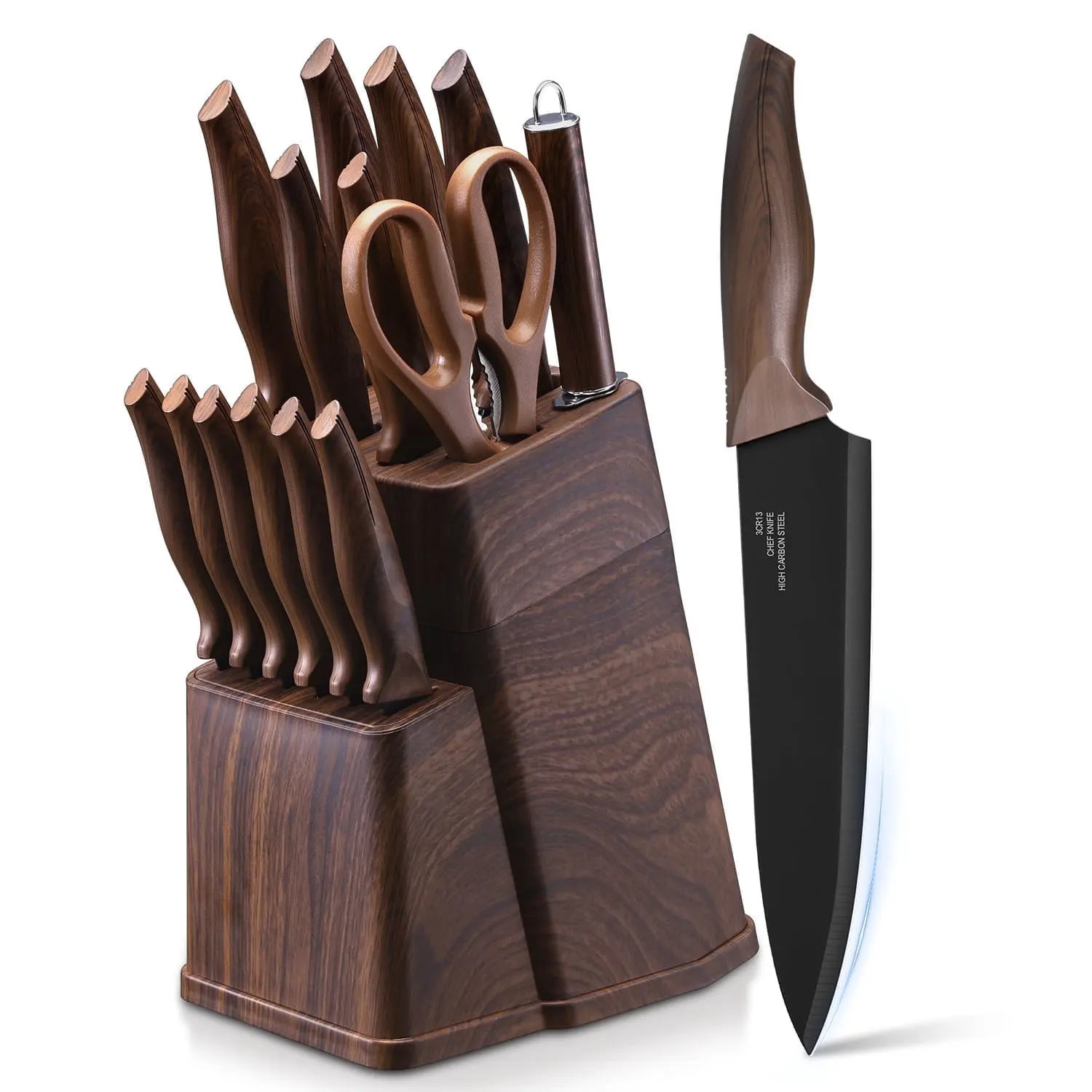 Vesteel Knife Set for Kitchen with Block, 15 Pcs High Carbon Stainless Steel Kitchen Knives Set with Sharpener Kitchen Shears - Walnut Brown