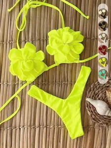 Spring/summer Sexy Casual Bright Solid Floral Bikini, Fitted Plain Style, Women's Beachwear, No Ca Prop Features