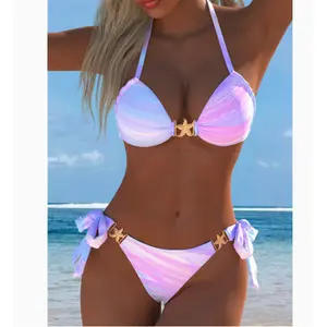 Two-Piece Bikini Set, High-Waisted Swimwear, SummerBeach Swimsuit for Women A metal starfish design on thechest Perfect for Island Swimming, Women's Swimwear