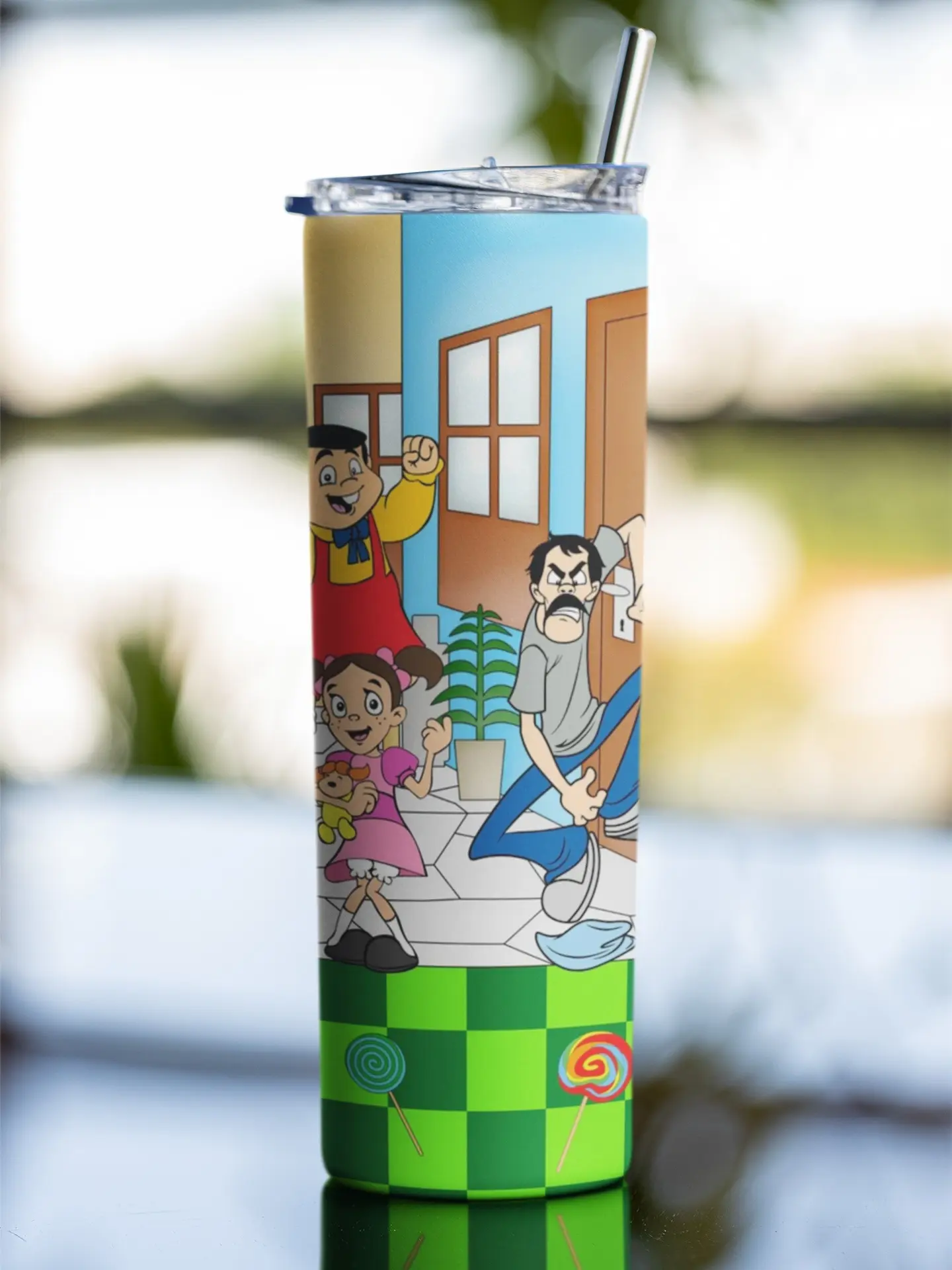 El Chavo Del 8 20oz Stainless Steel Skinny Insulated Thermal Tumbler Water Bottle - Colorful Illustrations, Glass Design, Lid for Coffee, Water, Water Bottles