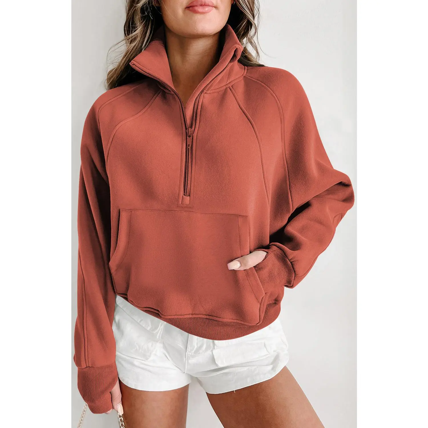 Brown Zip Up Stand Collar Thumbhole Sleeve Sweatshirt