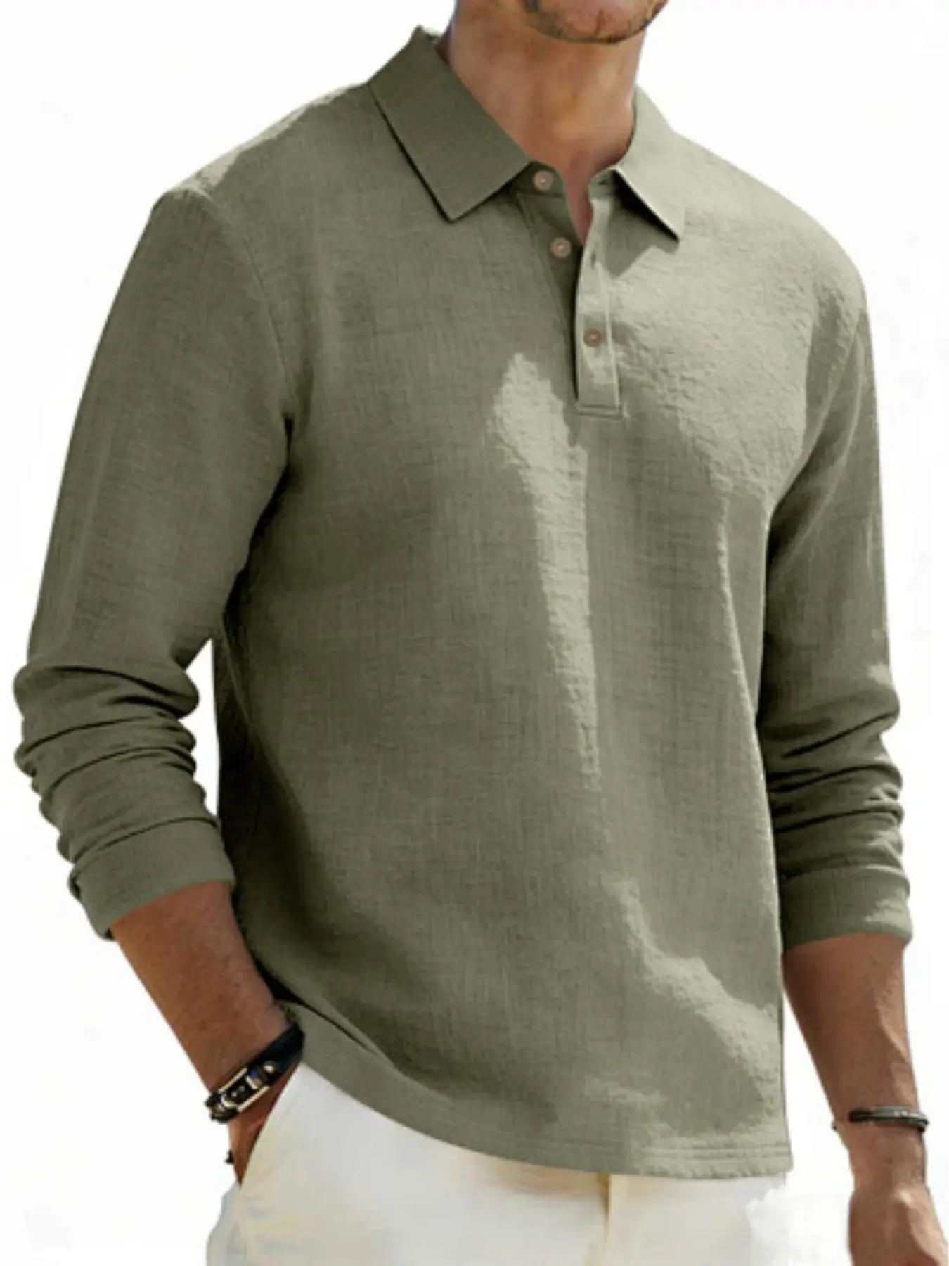 New Spring American Classic Style Loose Fit Plain Solid Color Collared Casual Business Men's Long Sleeve Polo Linen Shirt