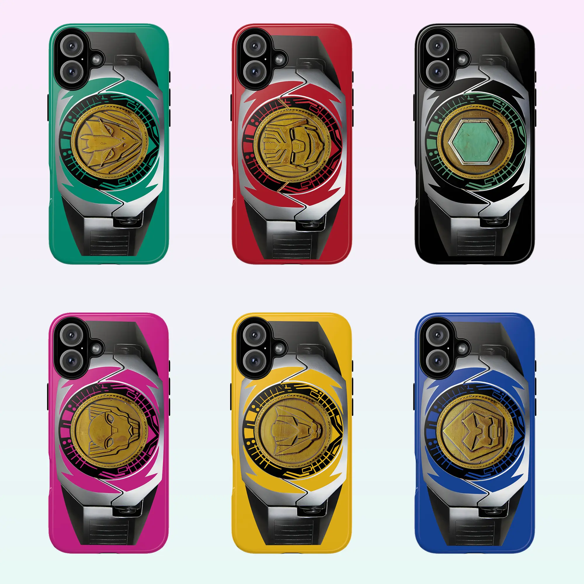 PR Lost Galaxy mode Colorful Power Morpher inspired Phone Case with Iconic All Rangers Lost Galaxy Coin Design for iPhone 16 Pro Max 15 Plus 14 Pro 13 12 11 XS Max etc Shockproof Superhero Anime Protection Durable Polycarbonate TPU