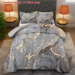 Marble Bedspread Set, Soft Abstract Wave Design, Ottoman Style with Quilt and Pillowcases, All-Season Bedroom Decor, Soft Bedding Sets