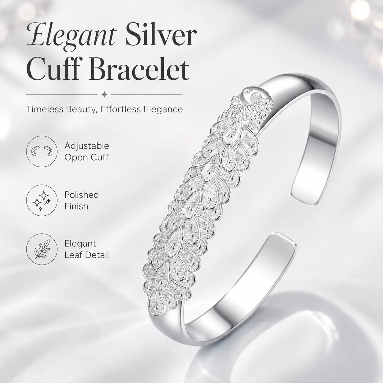 Silver Tone Peacock Feather Cuff Bracelet Sparkly Pavé Adjustable Open Bangle Statement Elegant Lightweight 57mm Comfortable Daily Wear Party Special Occasion Gift Women Girls Fashion Jewelry Accessory